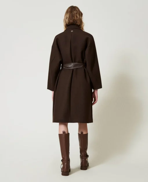 Manteau En Laine Mélangée Avec Poches Effet Cuir