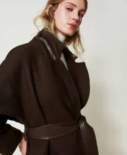 Manteau En Laine Mélangée Avec Poches Effet Cuir