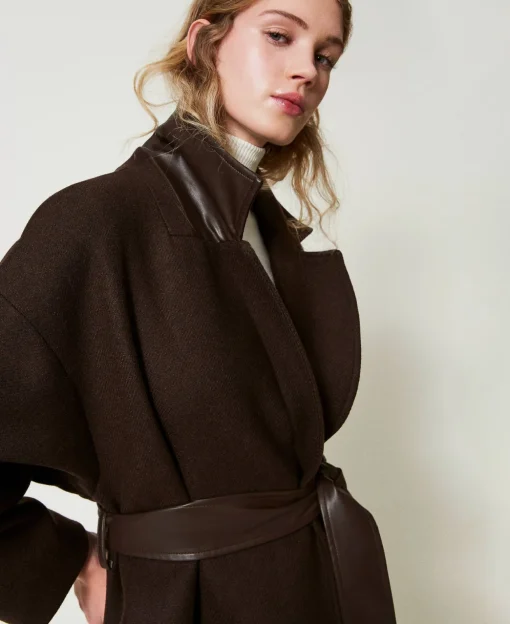 Manteau En Laine Mélangée Avec Poches Effet Cuir