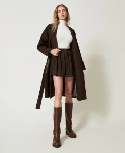 Manteau En Laine Mélangée Avec Poches Effet Cuir