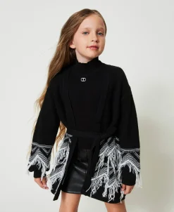 Manteau En Maille De Laine Mélangée Avec Franges