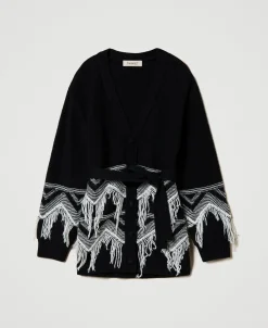 Manteau En Maille De Laine Mélangée Avec Franges