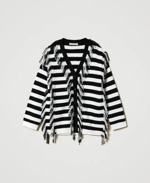 Maxi Cardigan En Maille Rayée Avec Franges