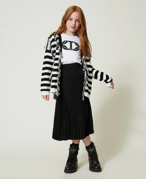Maxi Cardigan En Maille Rayée Avec Franges