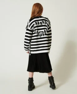 Maxi Cardigan En Maille Rayée Avec Franges