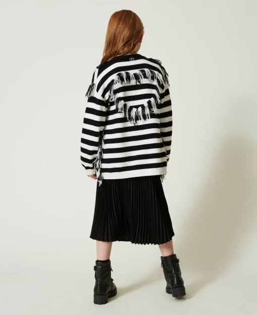 Maxi Cardigan En Maille Rayée Avec Franges