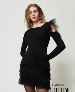 Mini-jupe En Maille Avec Volants En Tulle