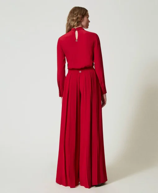 Pantalon En Crêpe Plissé Avec Boutons