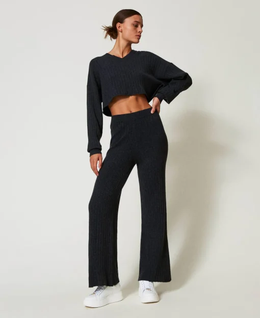 Pantalon Palazzo En Maille De Laine Mélangée