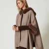 Poncho En Drap Et Fausse Fourrure