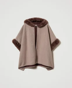 Poncho En Drap Et Fausse Fourrure