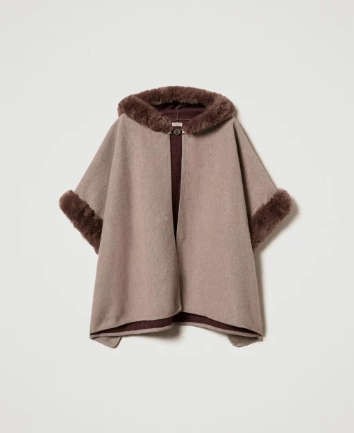 Poncho En Drap Et Fausse Fourrure