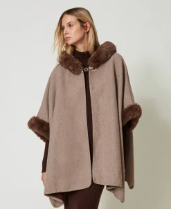 Poncho En Drap Et Fausse Fourrure