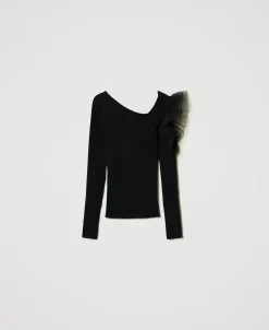 Pull Ajusté Avec Ajour Et Tulle