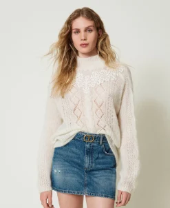 Pull Col Montant En Laine Et Mohair Avec Dentelle