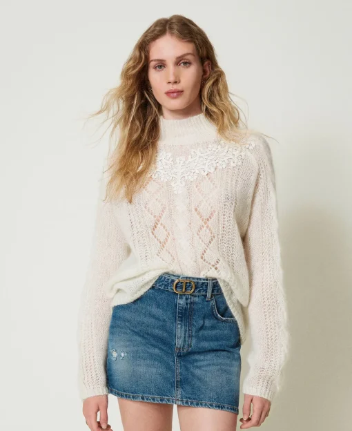 Pull Col Montant En Laine Et Mohair Avec Dentelle
