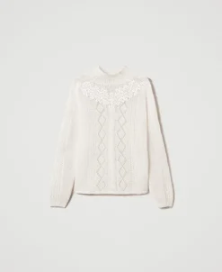 Pull Col Montant En Laine Et Mohair Avec Dentelle