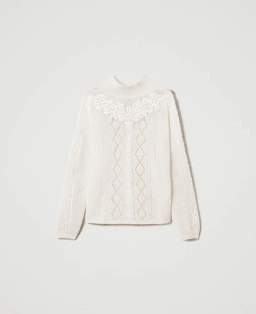 Pull Col Montant En Laine Et Mohair Avec Dentelle