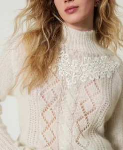 Pull Col Montant En Laine Et Mohair Avec Dentelle