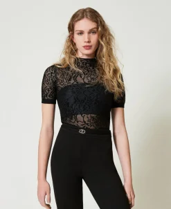 Pull Col Montant Jacquard Effet Dentelle
