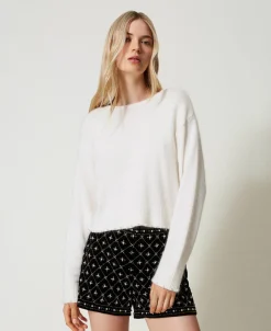 Pull Cropped En Angora Mélangé Avec Perles
