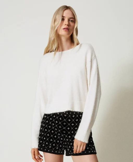Pull Cropped En Angora Mélangé Avec Perles