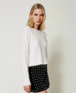 Pull Cropped En Angora Mélangé Avec Perles