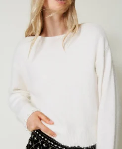 Pull Cropped En Angora Mélangé Avec Perles