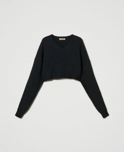 Pull Cropped En Laine Mélangée
