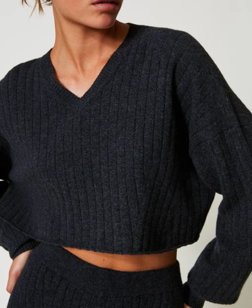 Pull Cropped En Laine Mélangée