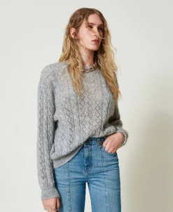Pull En Mohair Mélangé Avec Torsades Et Ajour