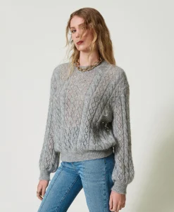 Pull En Mohair Mélangé Avec Torsades Et Ajour