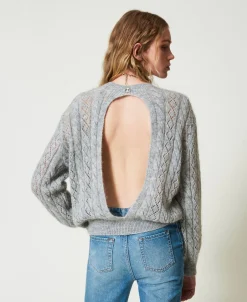 Pull En Mohair Mélangé Avec Torsades Et Ajour