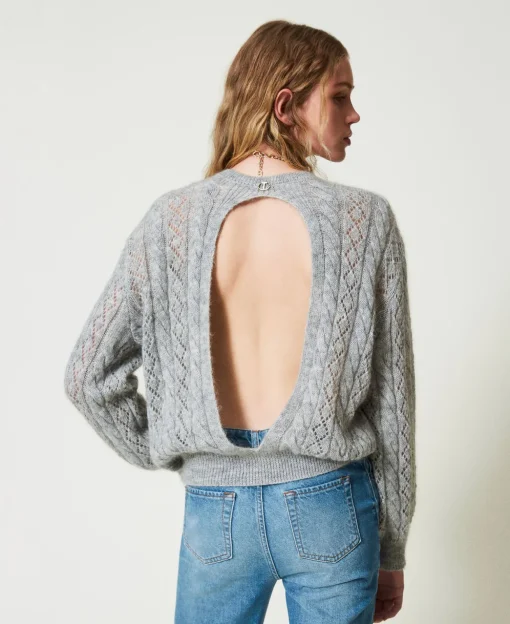 Pull En Mohair Mélangé Avec Torsades Et Ajour