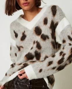 Pull Jacquard Animalier En Laine Mélangée