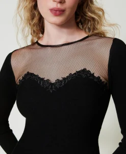 Robe Courte En Maille Avec Tulle Et Broderie