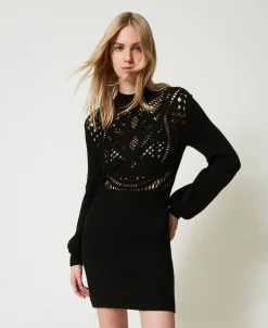 Robe Courte En Maille De Laine Mélangée Avec Crochet