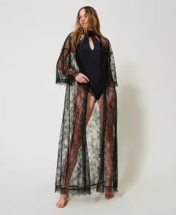 Robe De Chambre Longue En Dentelle Avec Ceinture