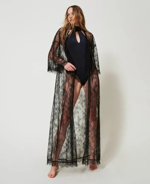 Robe De Chambre Longue En Dentelle Avec Ceinture