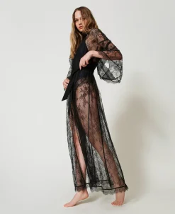 Robe De Chambre Longue En Dentelle Avec Ceinture