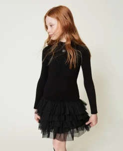 Robe En Maille Côtelée Avec Tulle
