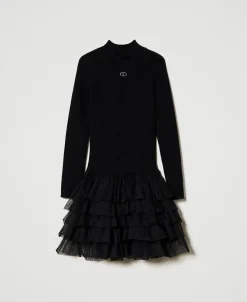 Robe En Maille Côtelée Avec Tulle
