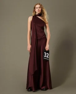 Robe Longue Asymétrique En Satin De Soie Mélangée