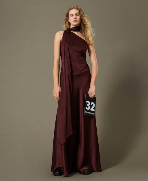 Robe Longue Asymétrique En Satin De Soie Mélangée