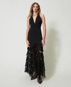 Robe Longue Avec Encolure Licou Et Volants Plissés En Tulle