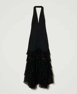 Robe Longue Avec Encolure Licou Et Volants Plissés En Tulle