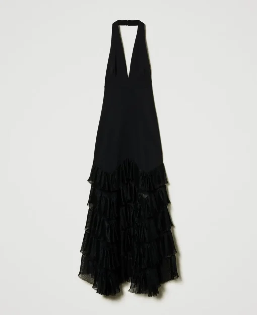 Robe Longue Avec Encolure Licou Et Volants Plissés En Tulle