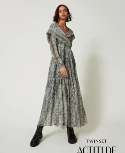 Robe Longue En Crépon Avec Imprimé Serpent