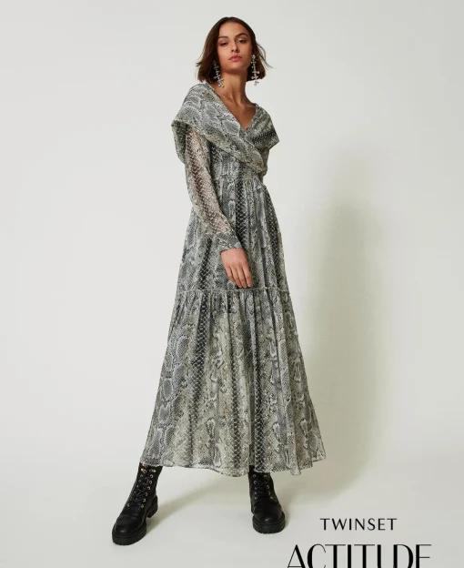 Robe Longue En Crépon Avec Imprimé Serpent