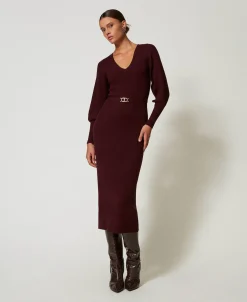Robe Longue En Maille Côtelée Avec Ceinture